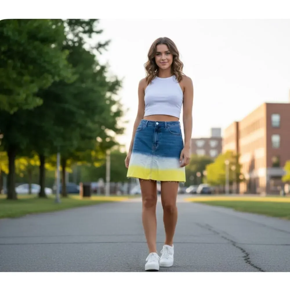 WILD FABLE Ombré Blue White  To Yellow Fade Stretch Denim‎ Jean Mini Skirt Sz 16